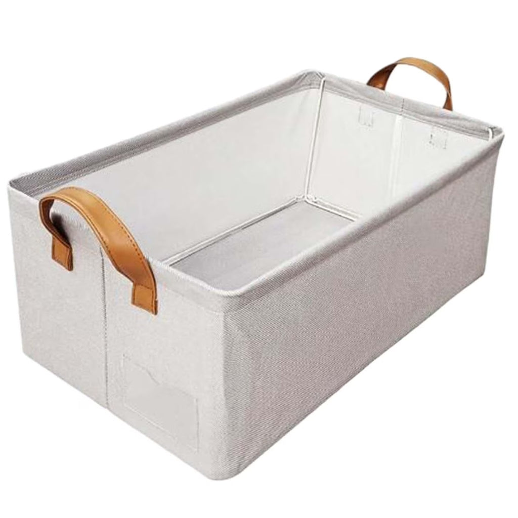 Pack de 3 Paniers de Rangement Pliables 27 L en Tissu Imperméable avec Poignées en Similicuir – 48 × 28 × 20 cm - Beige