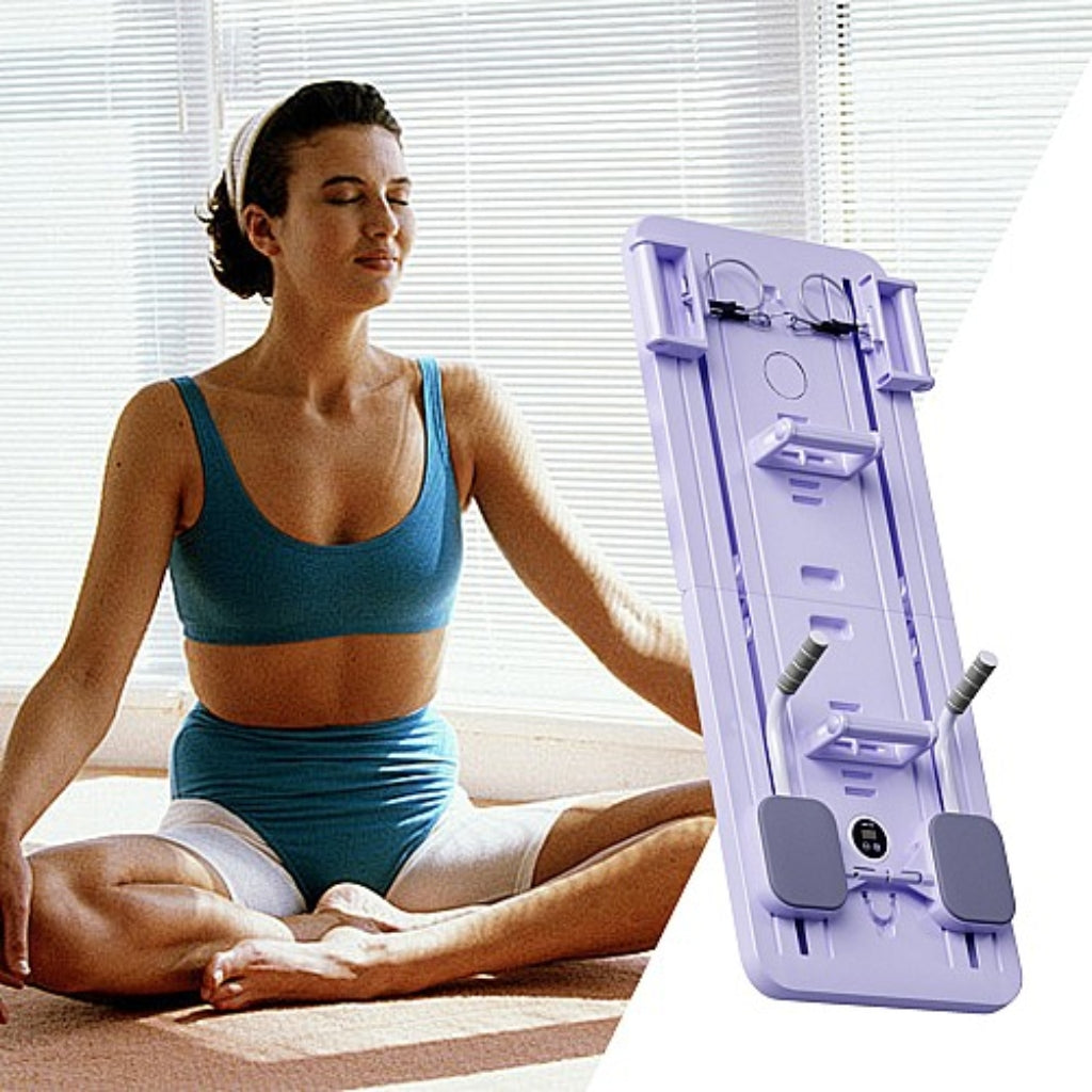 Planche de Fitness Multifonctionnelle Pliable Violet avec Bandes de Résistance et Minuteur Digital