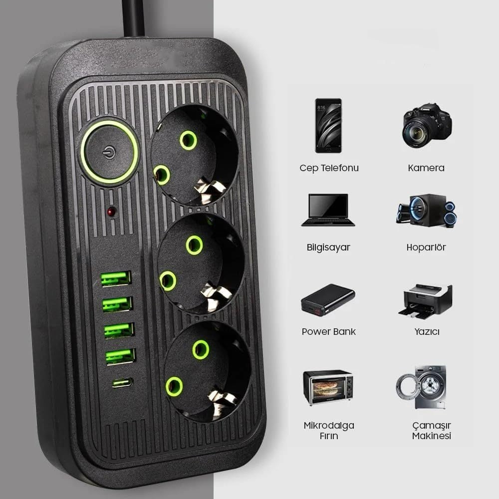 Multiprise Avec 3 Prises AC, 4 Ports USB-A & 1 Port USB-C - Noir