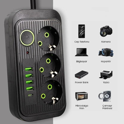 Multiprise Avec 3 Prises AC, 4 Ports USB-A & 1 Port USB-C - Noir