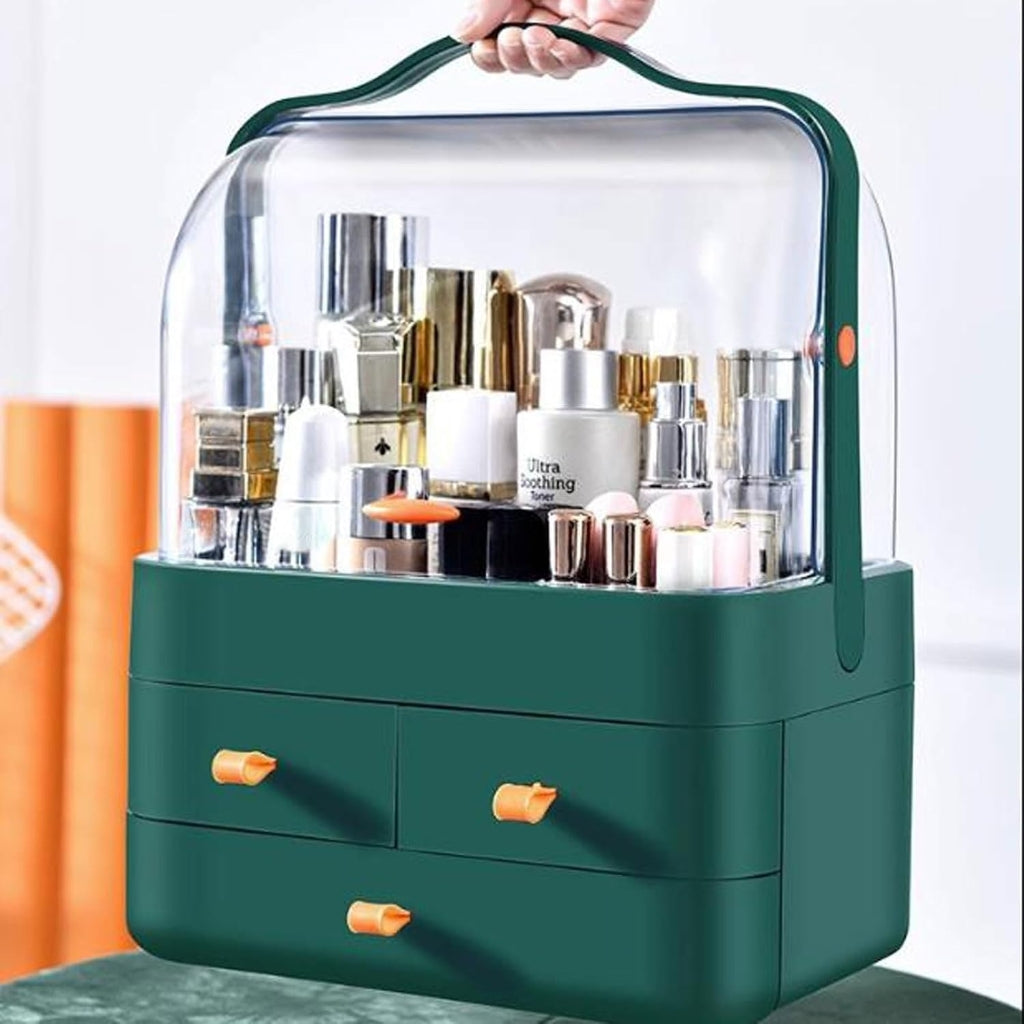 Boîte de Rangement Cosmétique avec Couvercle et 3 Tiroirs – Organisateur Maquillage et Soins - Vert