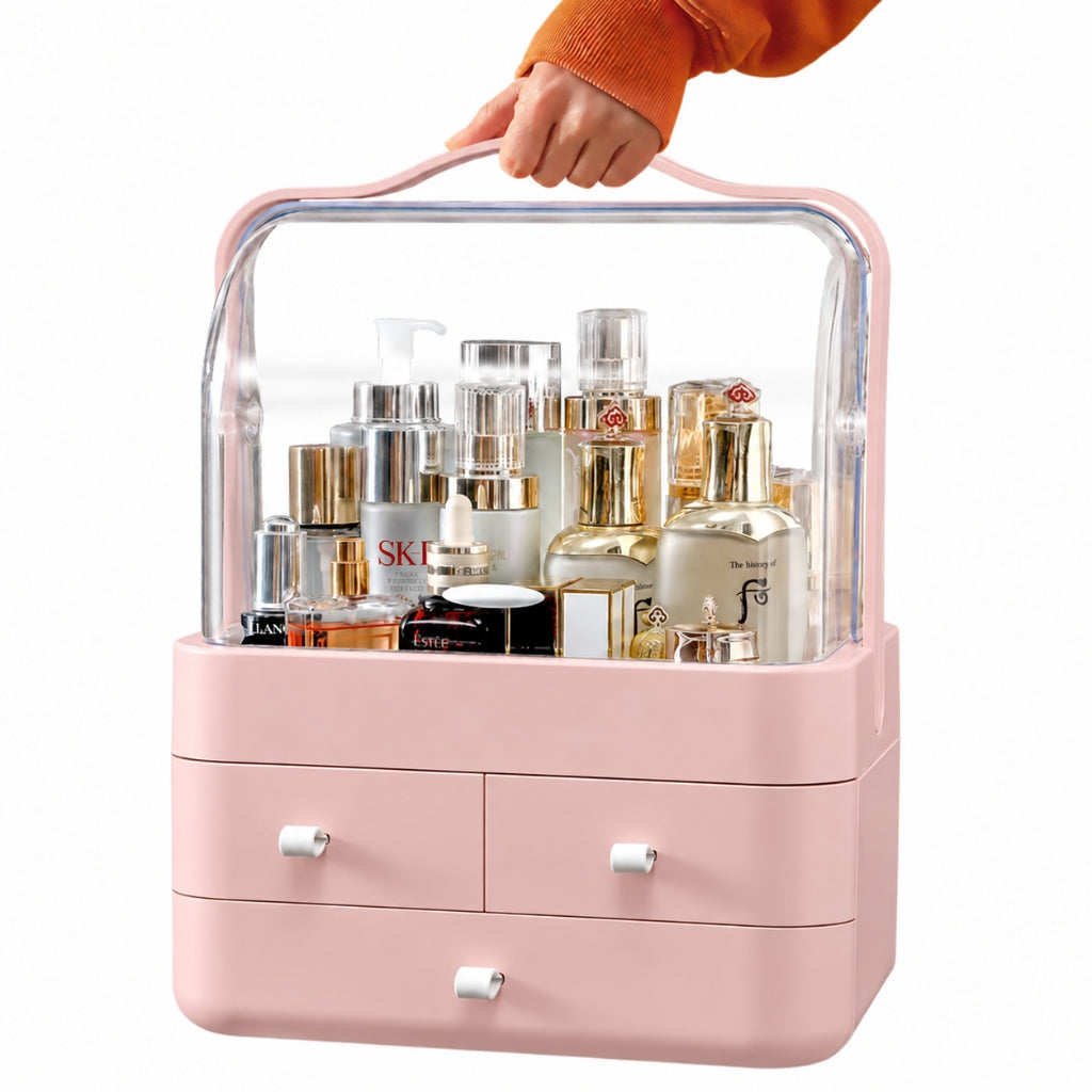 Boîte de Rangement Cosmétique avec Couvercle et 3 Tiroirs – Organisateur Maquillage et Soins - Rose
