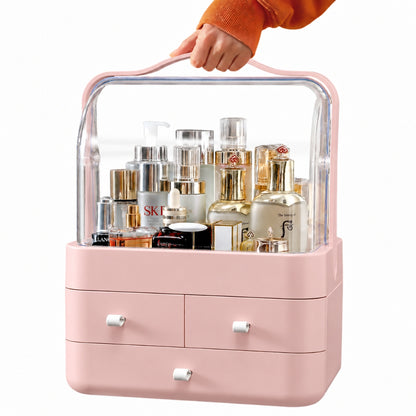 Boîte de Rangement Cosmétique avec Couvercle et 3 Tiroirs – Organisateur Maquillage et Soins - Rose