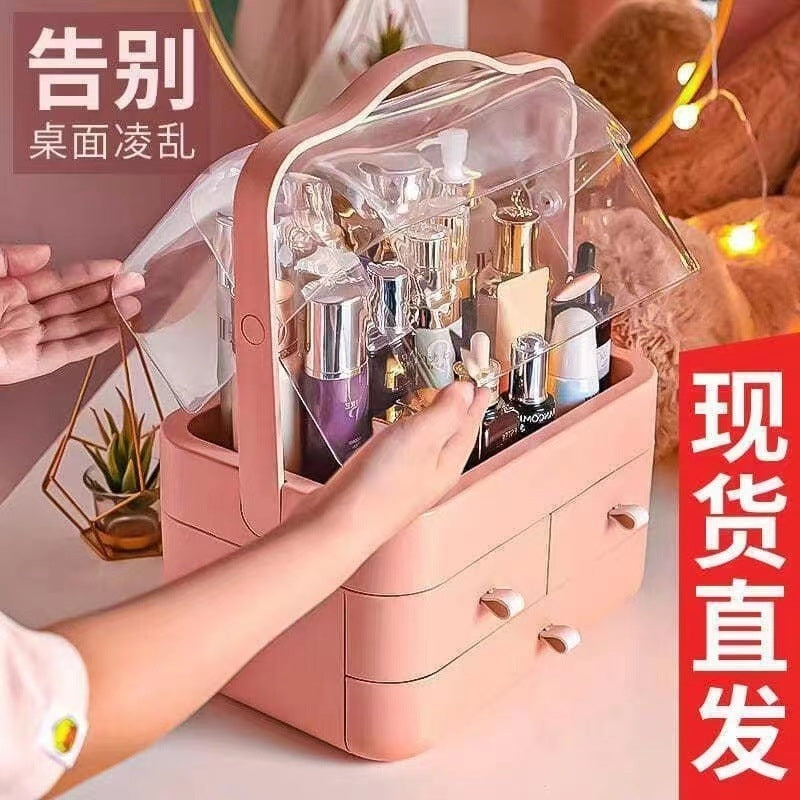 Boîte de Rangement Cosmétique avec Couvercle et 3 Tiroirs – Organisateur Maquillage et Soins - Rose