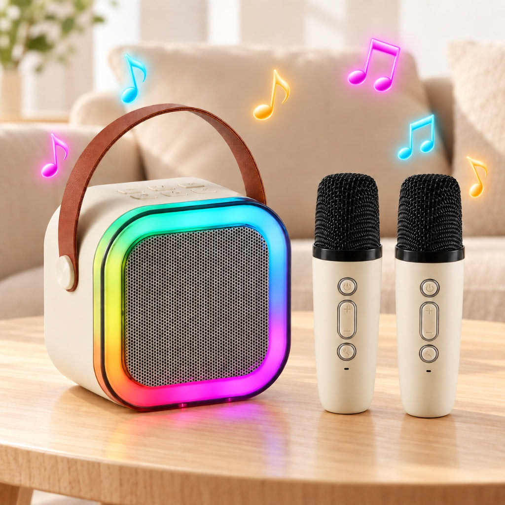 Haut-Parleur Karaoké Portable – Bluetooth, Rechargeable, Avec 2 Micros Sans Fil & Lumières LED Colorées- Beige