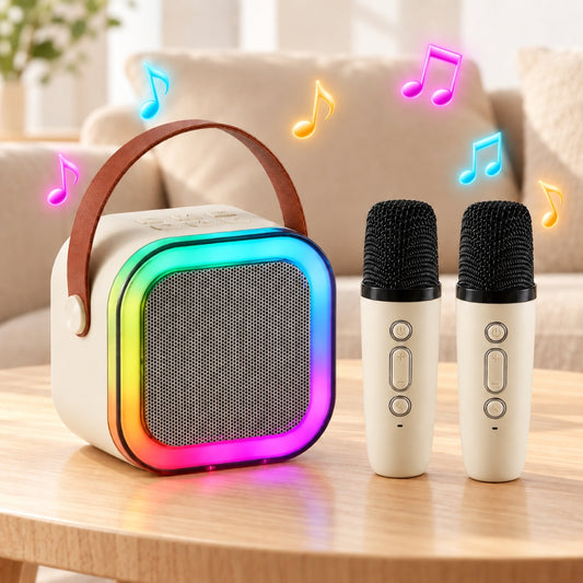 Haut-Parleur Karaoké Portable – Bluetooth, Rechargeable, Avec 2 Micros Sans Fil & Lumières LED Colorées- Beige