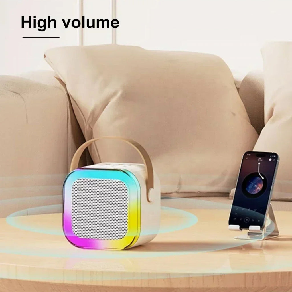 Haut-Parleur Karaoké Portable – Bluetooth, Rechargeable, Avec 2 Micros Sans Fil & Lumières LED Colorées- Beige