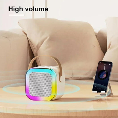 Haut-Parleur Karaoké Portable – Bluetooth, Rechargeable, Avec 2 Micros Sans Fil & Lumières LED Colorées- Beige