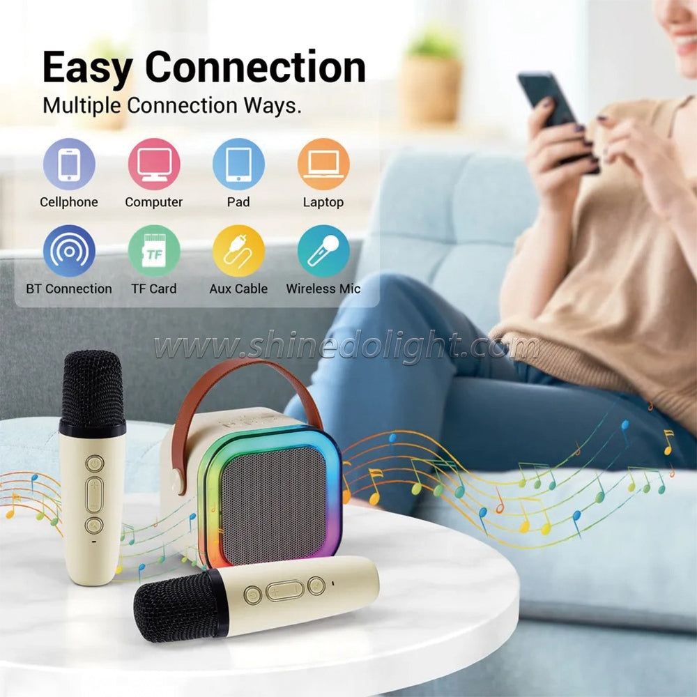 Haut-Parleur Karaoké Portable – Bluetooth, Rechargeable, Avec 2 Micros Sans Fil & Lumières LED Colorées- Beige