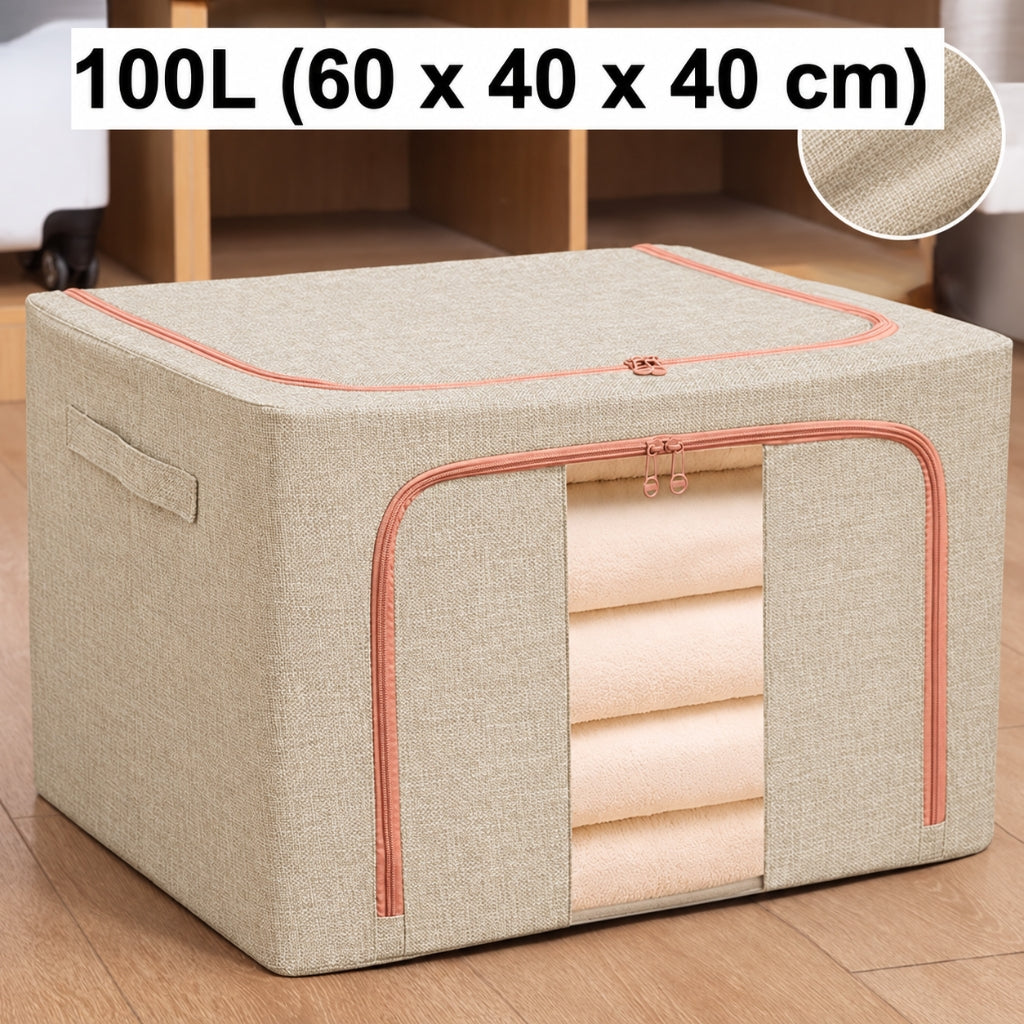 Boîte de Rangement Pliable pour Linge de Maison 100L (60 x 40 x 40 cm) Modèle 2 - Beige