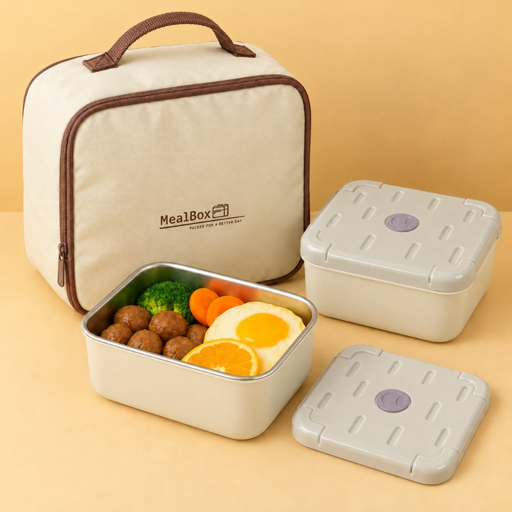 Ensemble de 2 Boîtes Alimentaires en Acier Inoxydable 600 ml avec Sac Isotherme