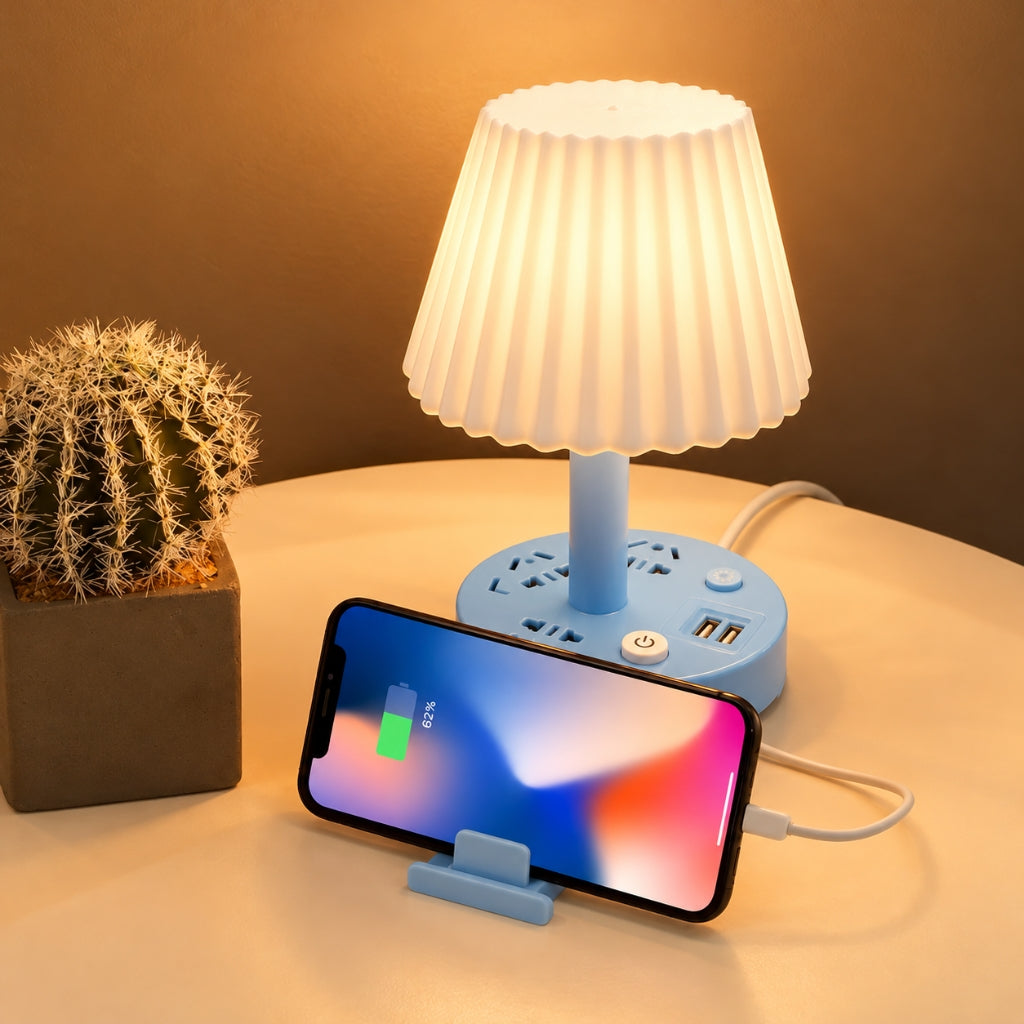 Lampe de Table Multifonction – Éclairage 3 Couleurs Ajustables, 3 Prises, 2 Ports USB et Support Téléphone – Bleu
