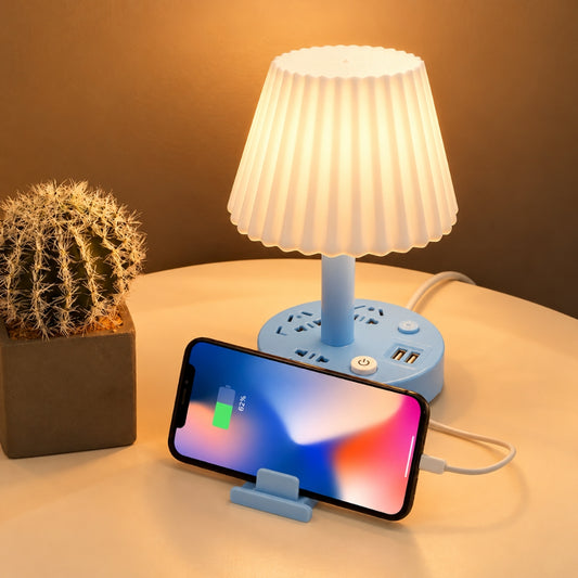 Lampe de Table Multifonction – Éclairage 3 Couleurs Ajustables, 3 Prises, 2 Ports USB et Support Téléphone – Bleu