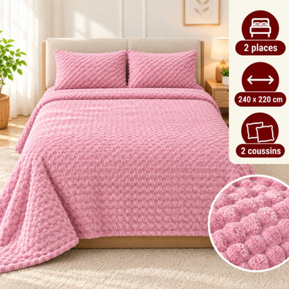 Ensemble Plaid Velours Rose Caress 240×220 cm avec 2 Coussins