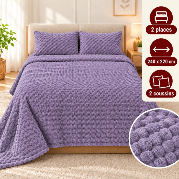 Ensemble Plaid Velours Violet Caress 240 × 220 cm avec 2 Coussins