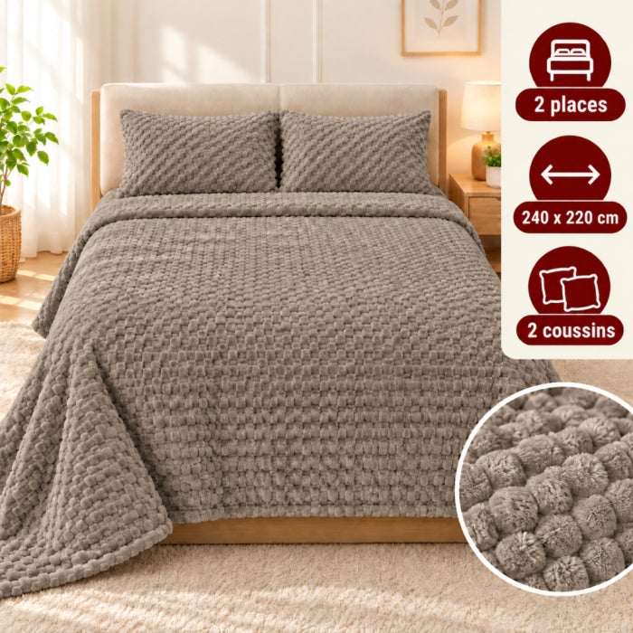 Ensemble Plaid Velours Beige Caress 240 × 220 cm avec 2 Coussins