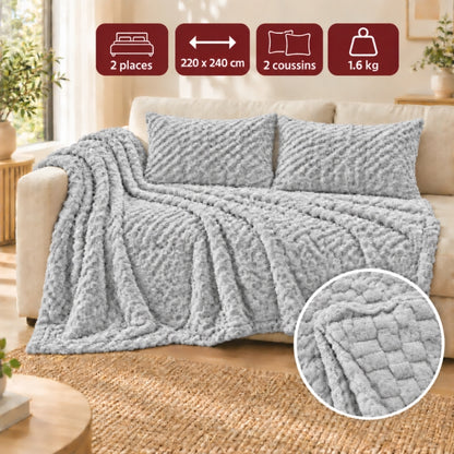 Ensemble Plaid Velours Gris Clair Caress 240 × 220 cm avec 2 Coussins