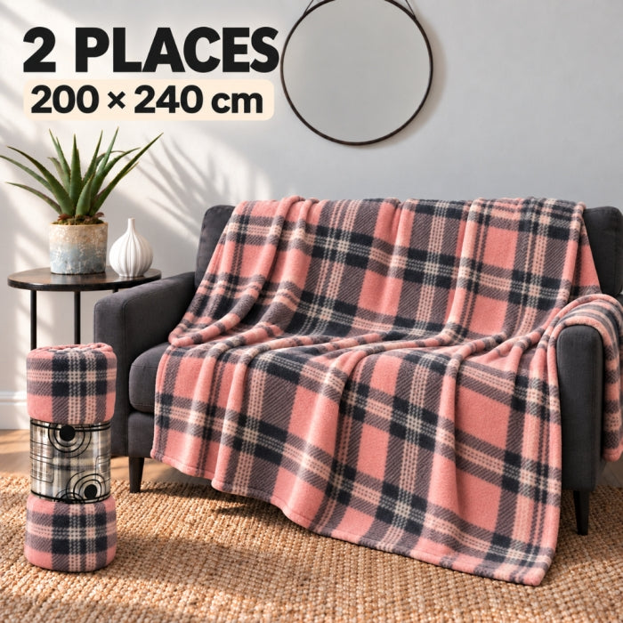 Plaid 2 Places à Carreaux Rose – 200 × 240 cm