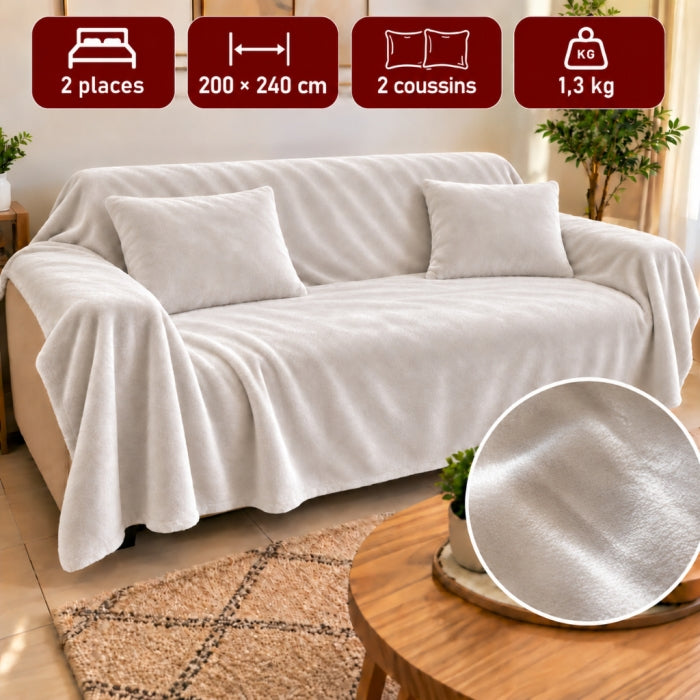 Ensemble Plaid Gris Clair Ultimate 2 Places avec 2 Coussins – 240 × 200 cm