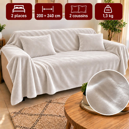 Ensemble Plaid Gris Clair Ultimate 2 Places avec 2 Coussins – 240 × 200 cm