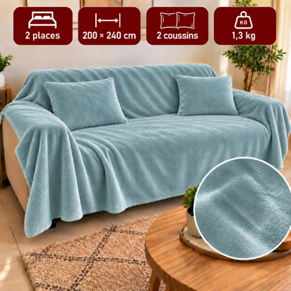Ensemble Plaid Ultimate Bleu 2 Places avec 2 Coussins – 240 × 200 cm