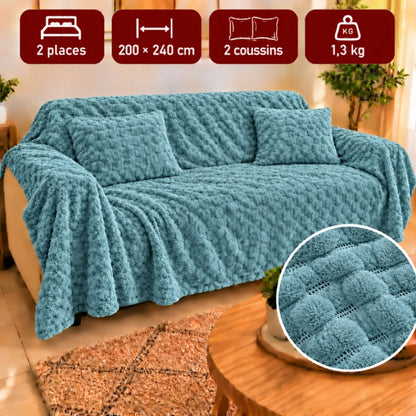 Ensemble Plaid Flora Bleu 2 Places avec 2 Coussins – 240 × 200 cm