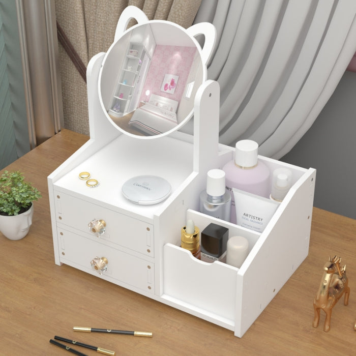 Mini Coiffeuse Blanche Avec Miroir Oreilles De Chat Inclinable À 360° Et Tiroirs À Boutons Cristal