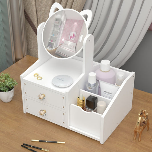 Mini Coiffeuse Blanche Avec Miroir Oreilles De Chat Inclinable À 360° Et Tiroirs À Boutons Cristal