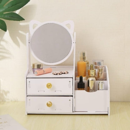 Mini Coiffeuse Blanche Avec Miroir Oreilles De Chat Inclinable À 360° Et Tiroirs À Boutons Cristal