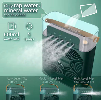 Climatiseur portable avec 3 vitesses de vent et 3 modes de pulvérisation avec veilleuse LED 7 couleurs