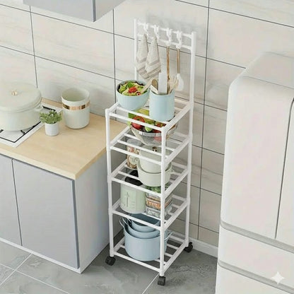 Étagère de rangement mobile à 5 niveaux avec crochets