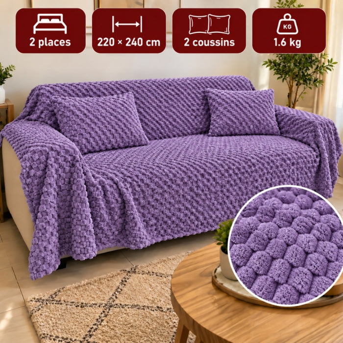 Ensemble Plaid Velours Violet Caress 240 × 220 cm avec 2 Coussins