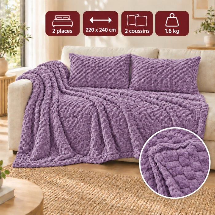 Ensemble Plaid Velours Violet Caress 240 × 220 cm avec 2 Coussins