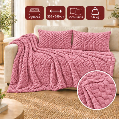 Ensemble Plaid Velours Rose Caress 240×220 cm avec 2 Coussins