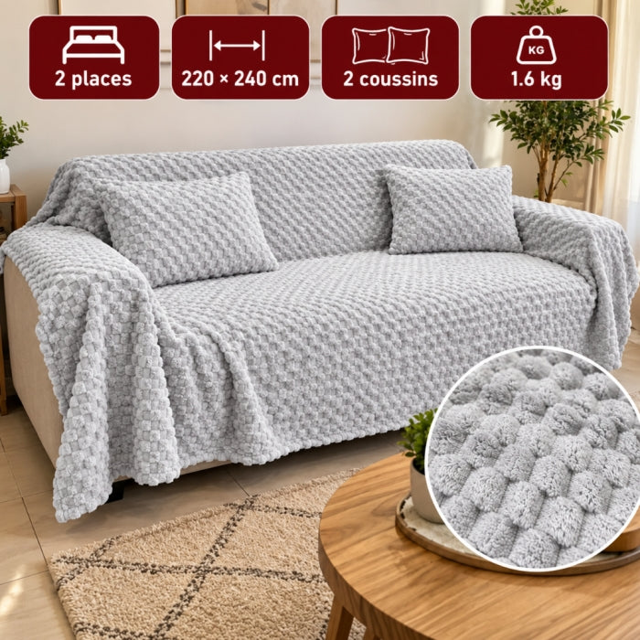 Ensemble Plaid Velours Gris Clair Caress 240 × 220 cm avec 2 Coussins