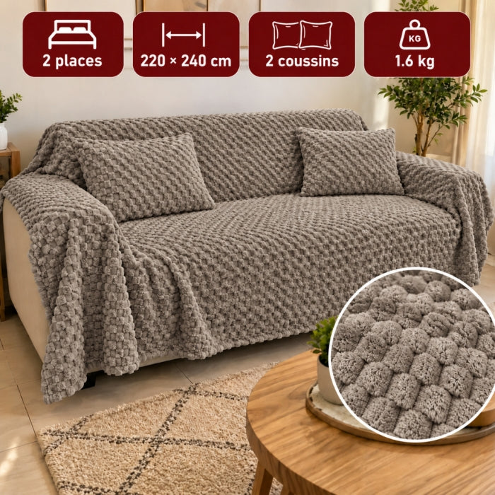 Ensemble Plaid Velours Beige Caress 240 × 220 cm avec 2 Coussins