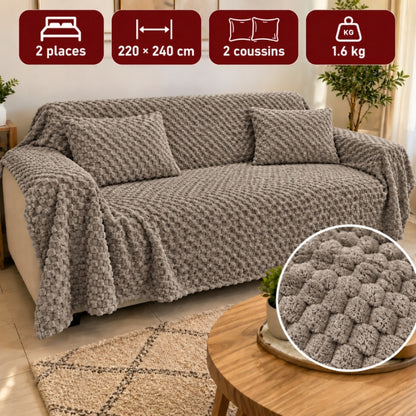 Ensemble Plaid Velours Beige Caress 240 × 220 cm avec 2 Coussins