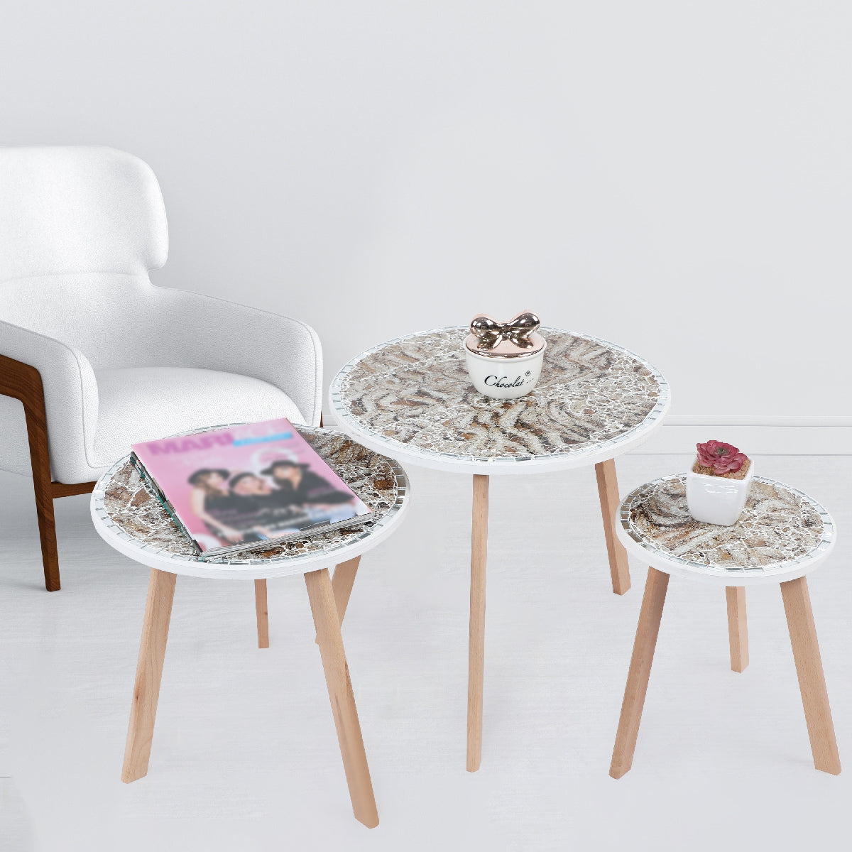 Série de 3 Tables Basses en Bois effet craquelé Motif 2