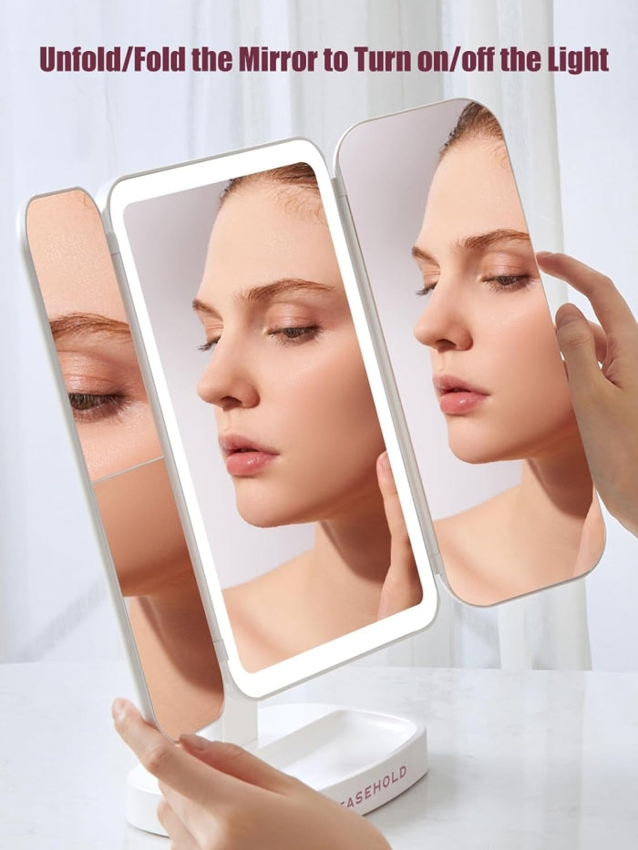 Miroir De Maquillage Pliable Éclairé 1x/2x/3x Avec Éclairage LED Rechargeable Avec USB 3 Niveaux De Lumière