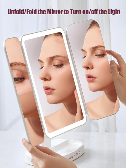 Miroir De Maquillage Pliable Éclairé 1x/2x/3x Avec Éclairage LED Rechargeable Avec USB 3 Niveaux De Lumière