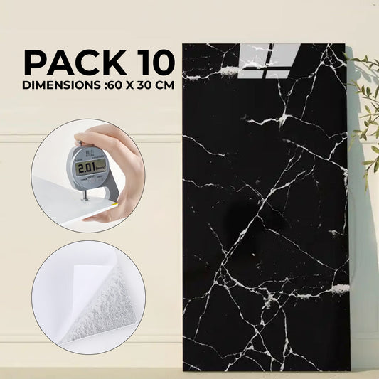 Pack de 10 Panneaux PVC Autocollant Alternative Au Marbre 60 x 30 cm - WMB-033 - Noir