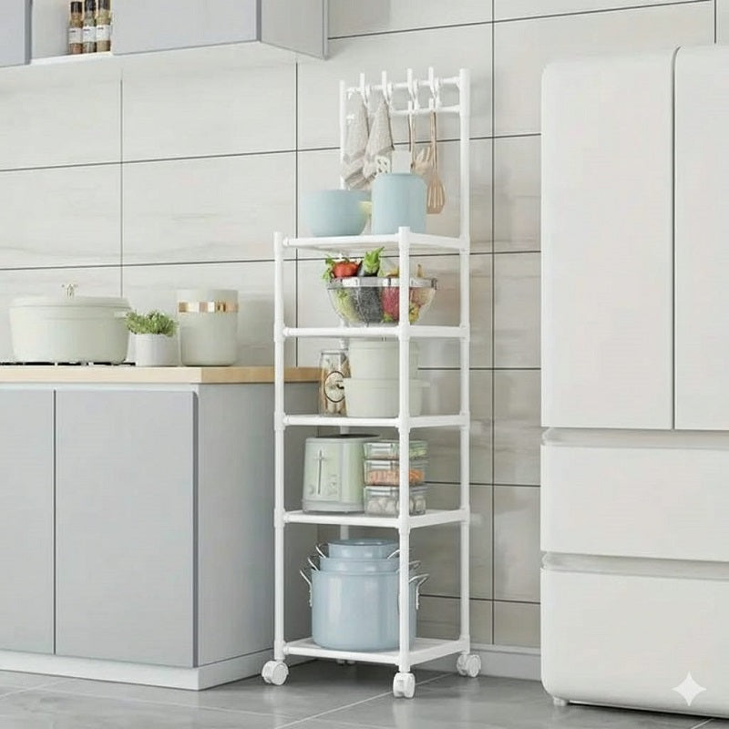 Étagère de rangement mobile à 5 niveaux avec crochets