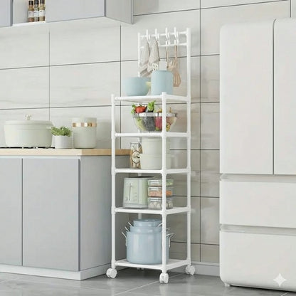 Étagère de rangement mobile à 5 niveaux avec crochets
