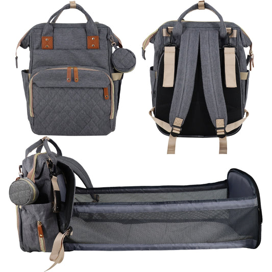 Sac à Dos de Maternité Multifonction avec Lit Pliable – Grande Capacité, USB & Poches Isothermes - Gris Charbon