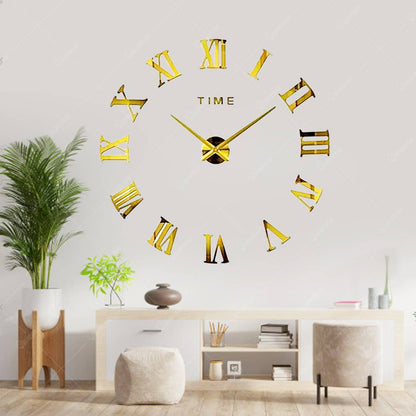 Montre murale Dorée 3D autocollant Chiffres romains 90 cm