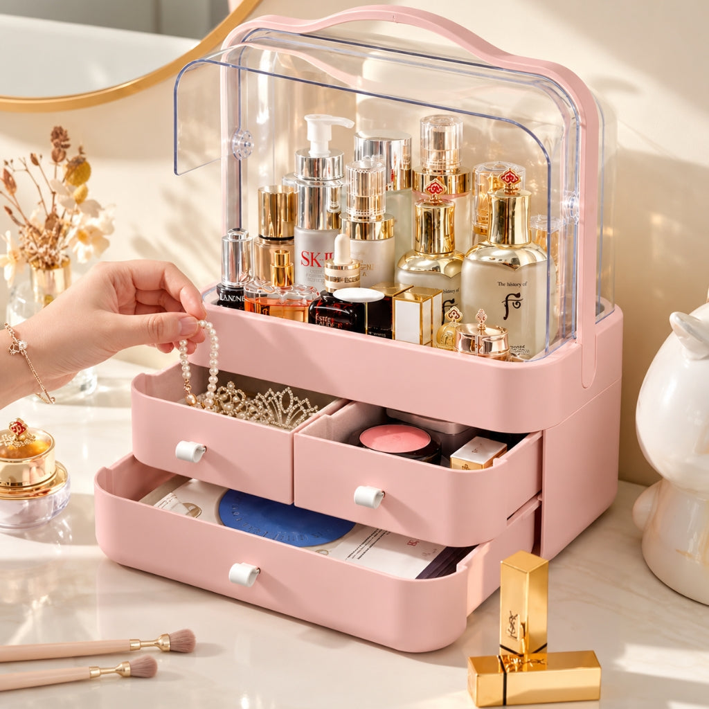 Boîte de Rangement Cosmétique avec Couvercle et 3 Tiroirs – Organisateur Maquillage et Soins - Rose