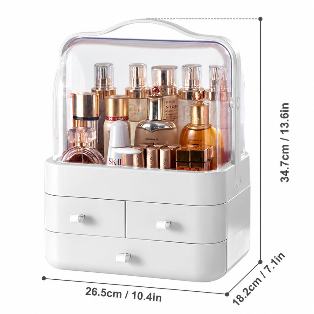 Boîte de Rangement Cosmétique avec Couvercle et 3 Tiroirs – Organisateur Maquillage et Soins - Blanc