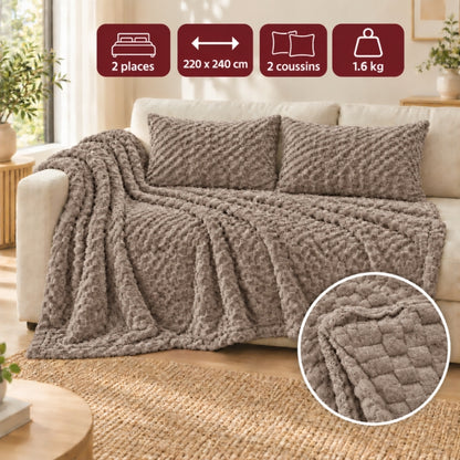 Ensemble Plaid Velours Beige Caress 240 × 220 cm avec 2 Coussins