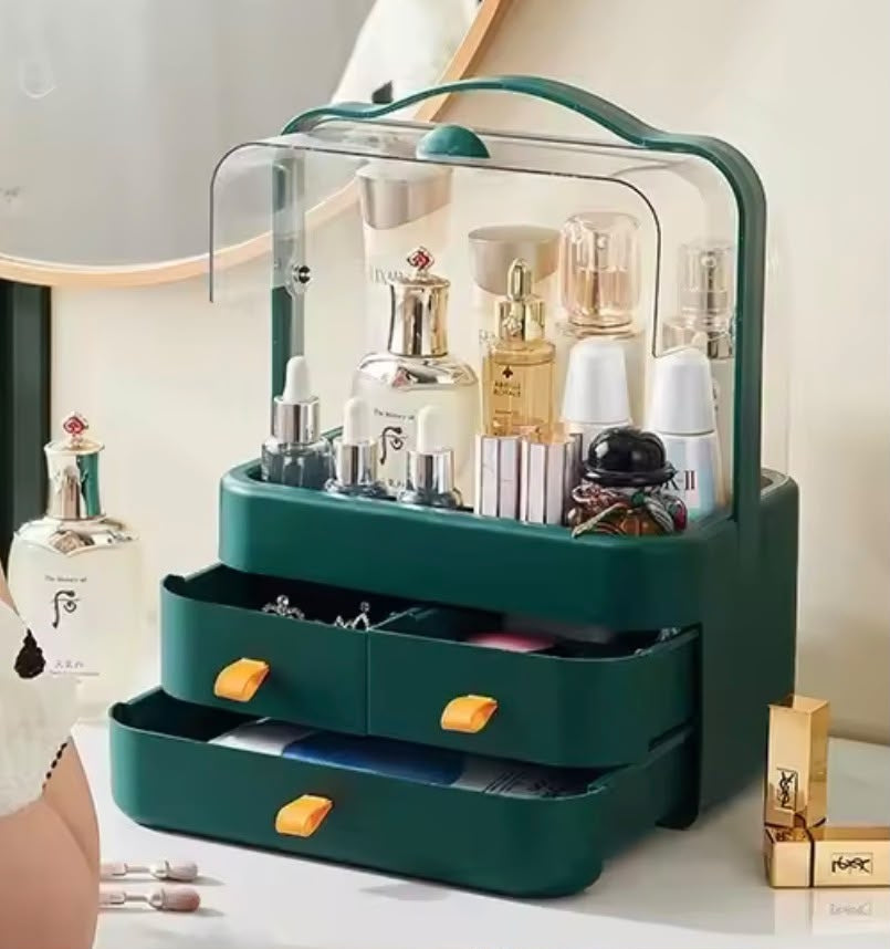 Boîte de Rangement Cosmétique avec Couvercle et 3 Tiroirs – Organisateur Maquillage et Soins - Vert