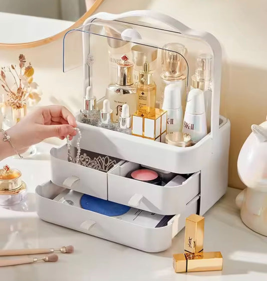 Boîte de Rangement Cosmétique avec Couvercle et 3 Tiroirs – Organisateur Maquillage et Soins - Blanc